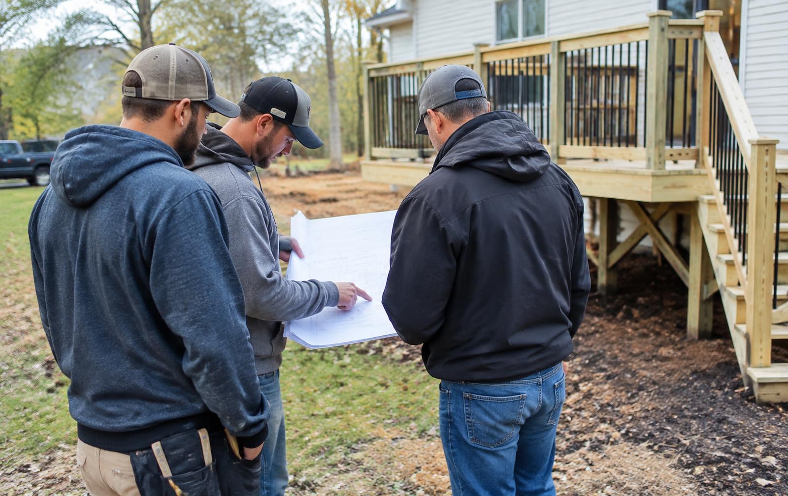 Contractors reviewing plans beside a deck project