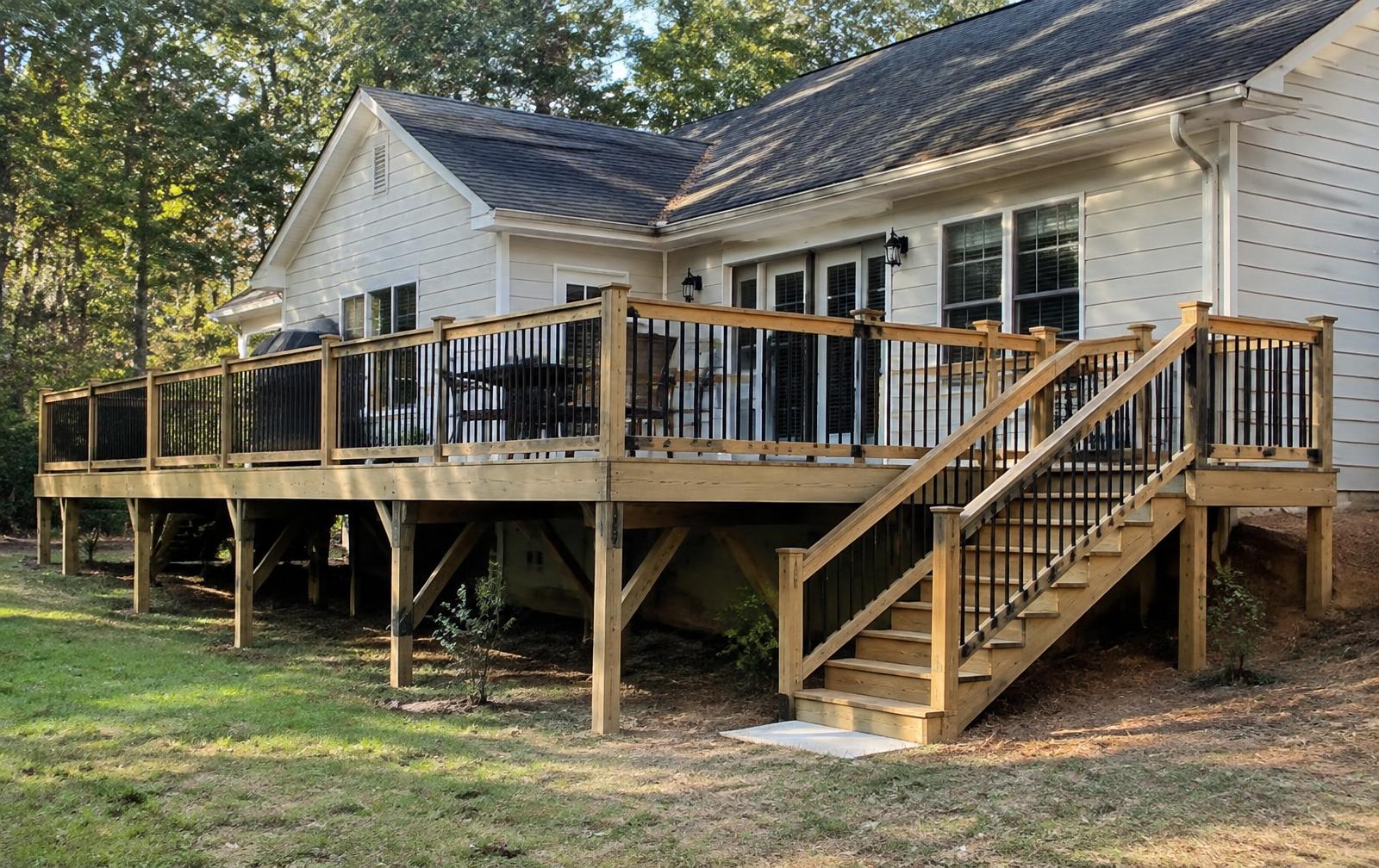 Elevated wood deck with stairs and black railings