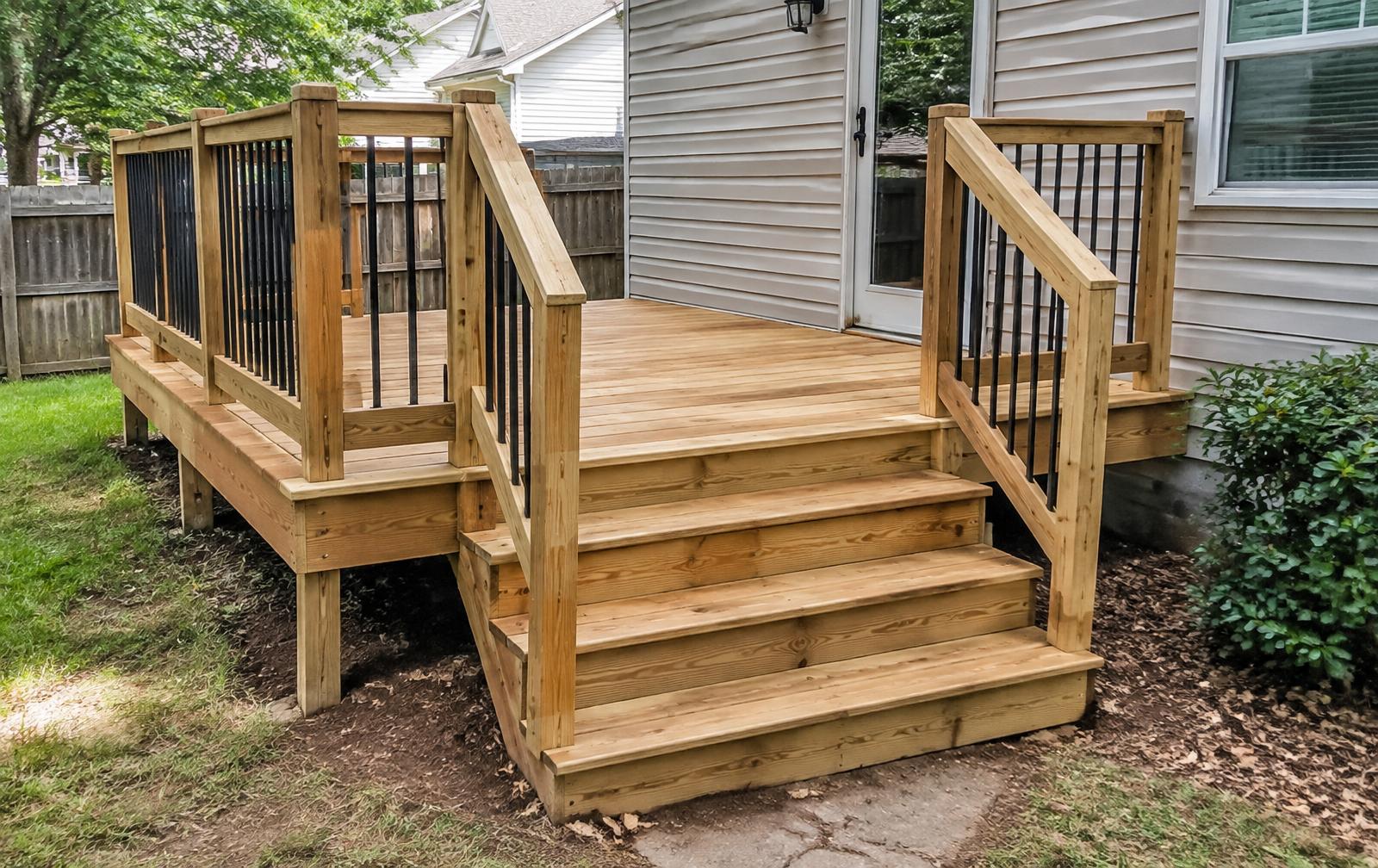 Compact backyard deck with new boards and steps