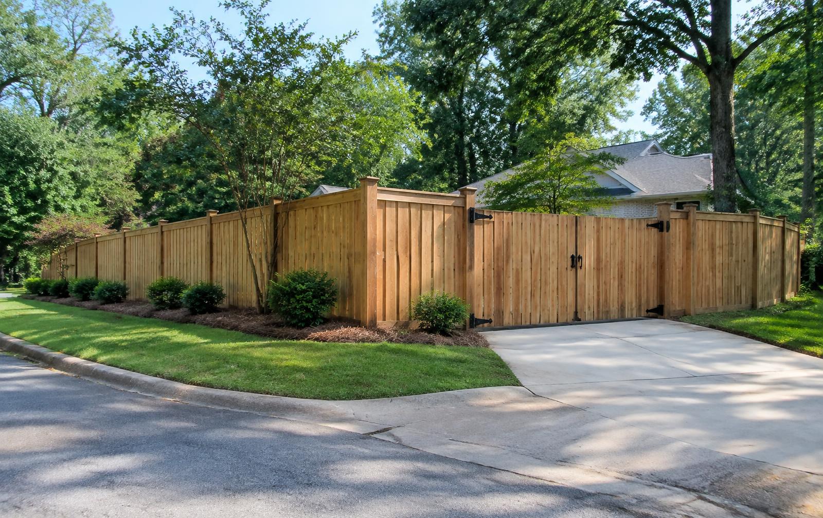 Wood privacy fence with a driveway gate