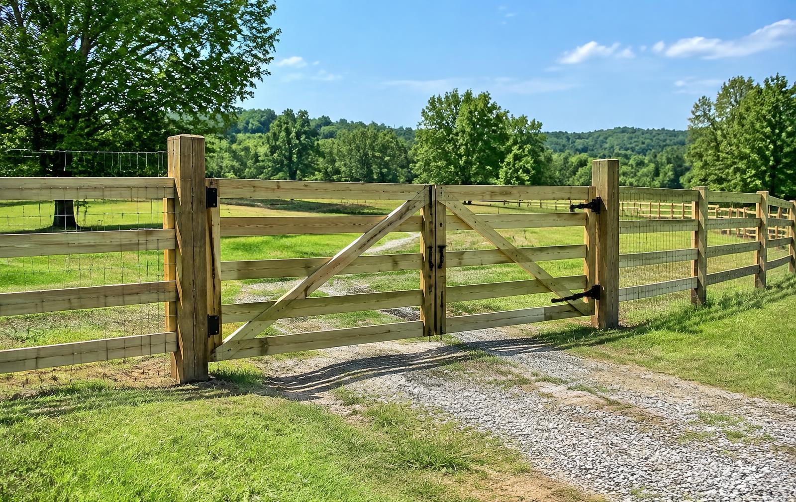 Wood farm fence and double gate