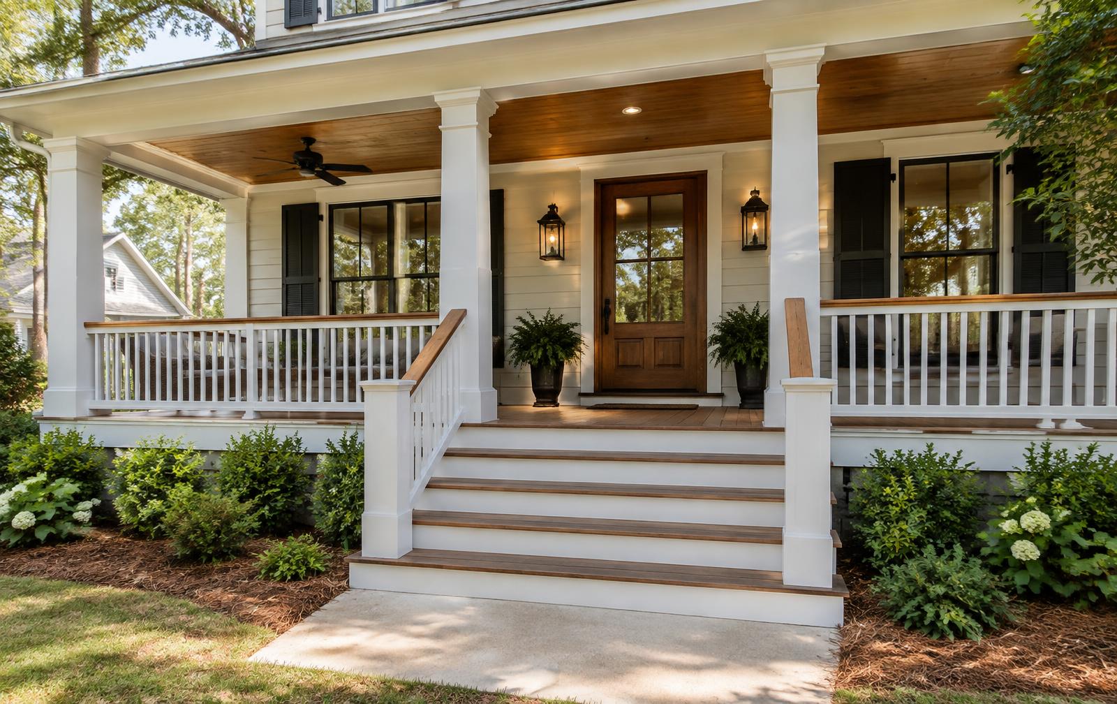 Remodeled front porch with fresh railings and stairs